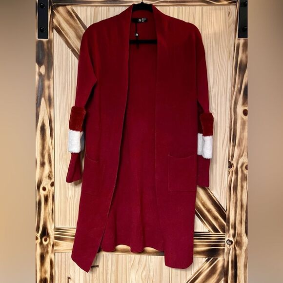 Open Cardigan Ornamental Faux Fur Sleeves Cranberry White M - Picture 1 of 5